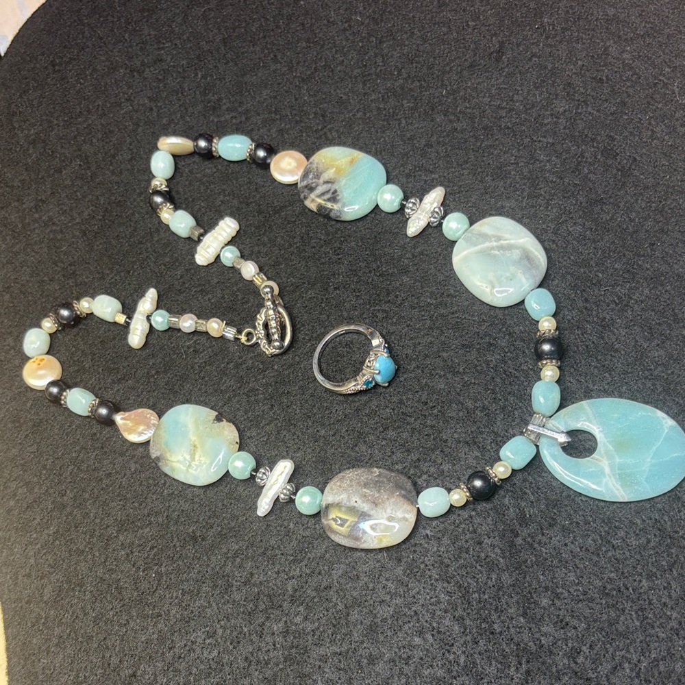 Handmade set w/ abalone shell beads, amazonite stones & pearls